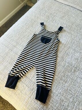 Striped Navy and White Kids One-Piece Overalls- Organic Cotton